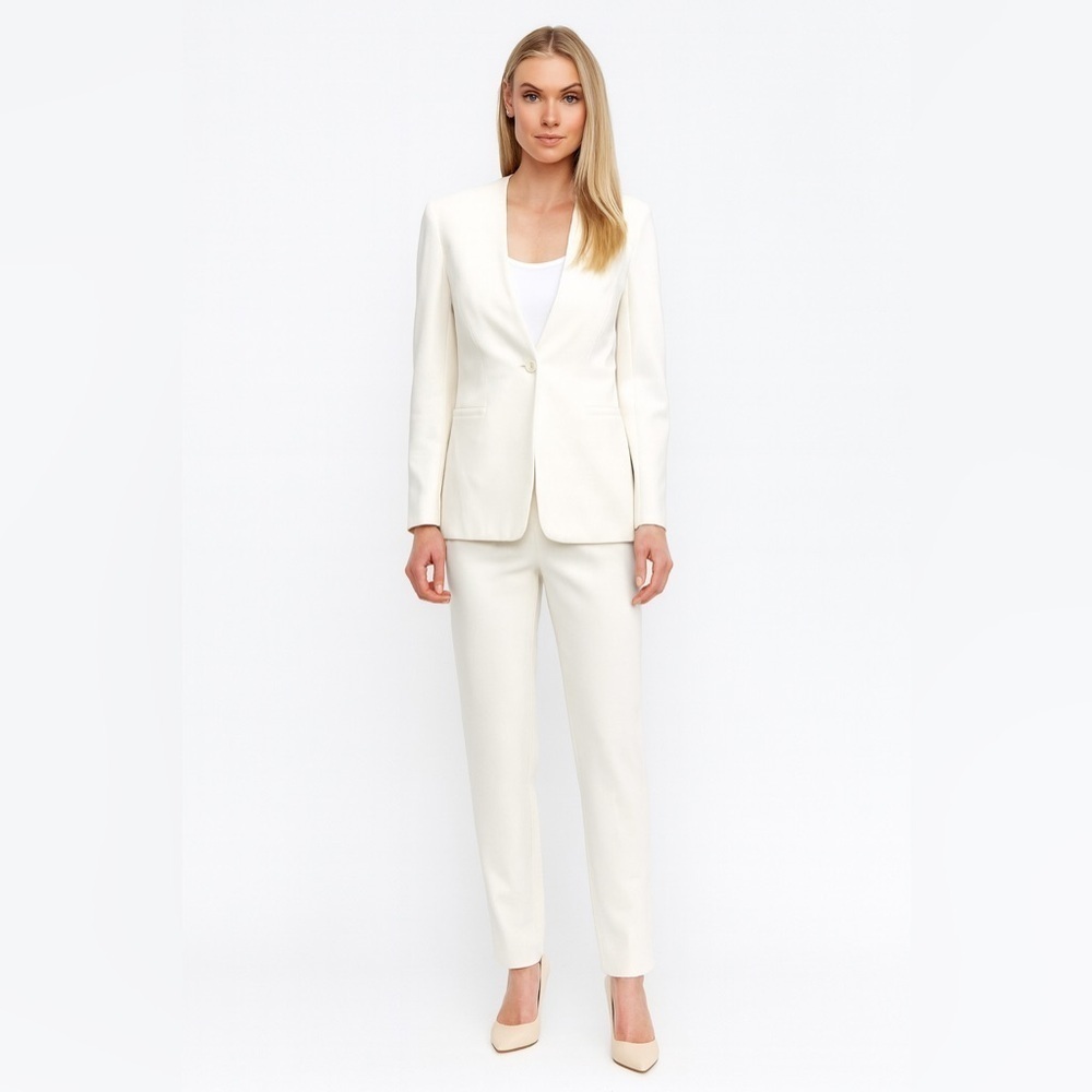 Marc Cain White Textured Knit Minimalist Single Button Tailored Blazer Jacket